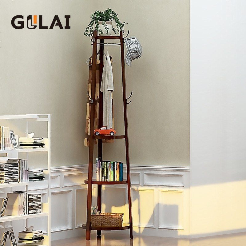 客厅挂钩衣架落地卧室转角衣帽架挂衣架简约现代多功能置物花架 A款咖啡色+胡桃木色