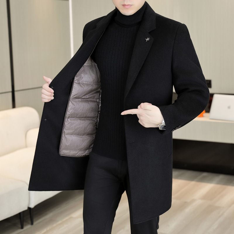 秋冬新款鄂尔多斯市羊绒大衣厚款立领男士羊毛呢子大衣中长款男纯羊毛外套商务休闲风衣金利来雅戈尔梦特娇花花公子同款正品 190/104A(XXXL码） 双面呢可拆卸羽绒内胆黑色