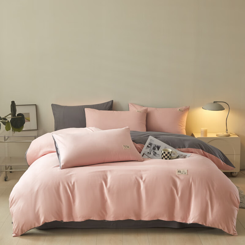 雅鹿·自由自在(Yalu&Freedom)全棉拼色简约 四件套 樱花粉+高级灰