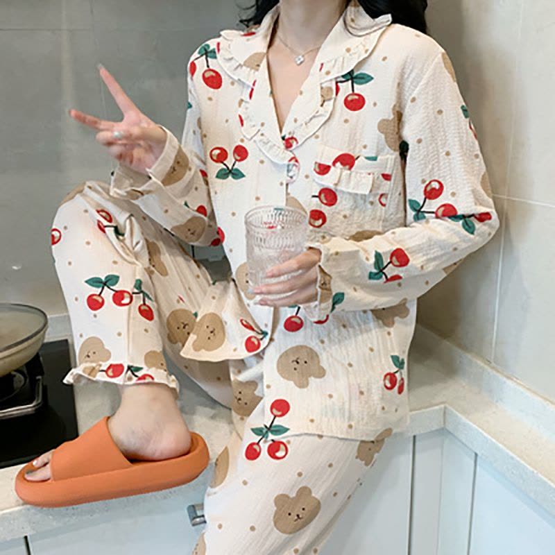 睡衣女春秋季长袖棉纱布2022年新款网红风薄款家居服两件套莎丞图片