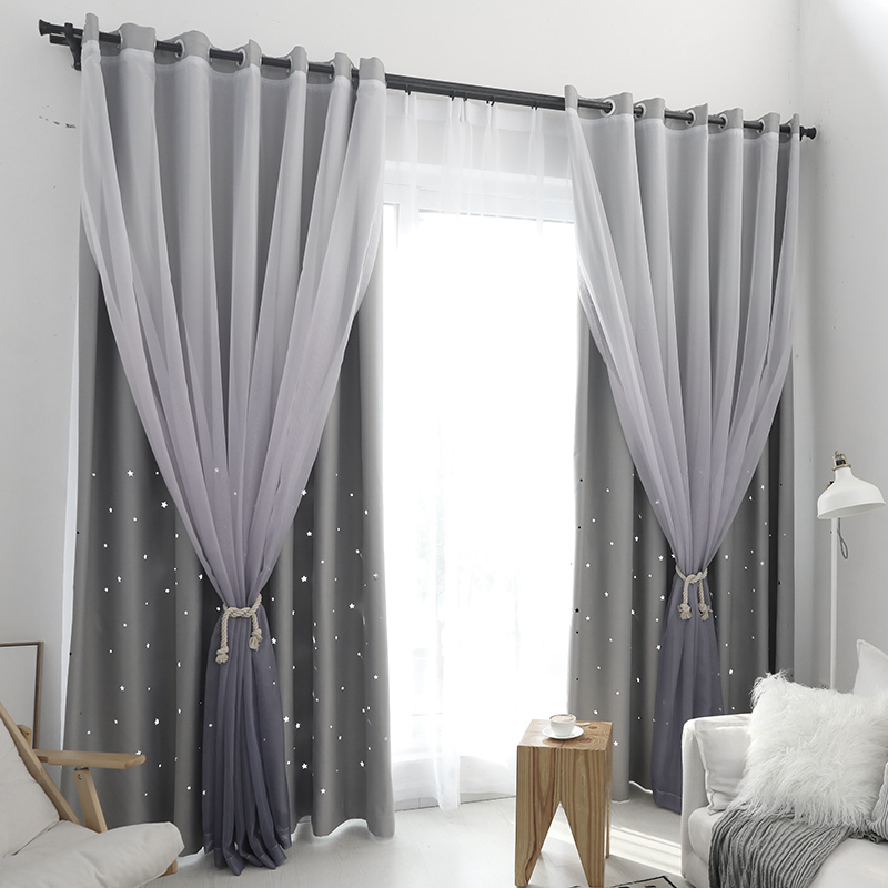 美帮汇北欧镂空星星成品公主风飘窗帘梦幻卧室定制全遮光落地窗帘 渐变灰镂空(挂钩)（星星朝下） 定制尺寸拍一米为一米宽