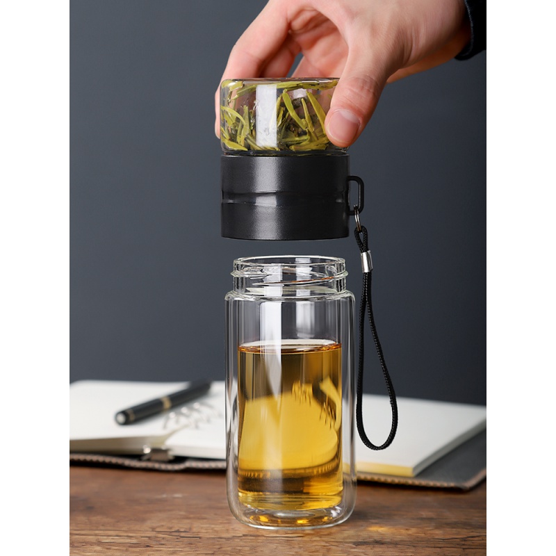 家柏饰(CORATED)双层玻璃杯便携男过滤茶水分离泡茶杯车载水杯女个性创意潮流杯子 木纹色-350ML高清大图