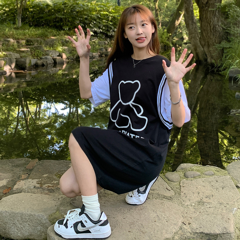唐狮T恤连衣裙女新款小个子学院运动风裙子女夏季高端气质女装w5_11 M 黑色