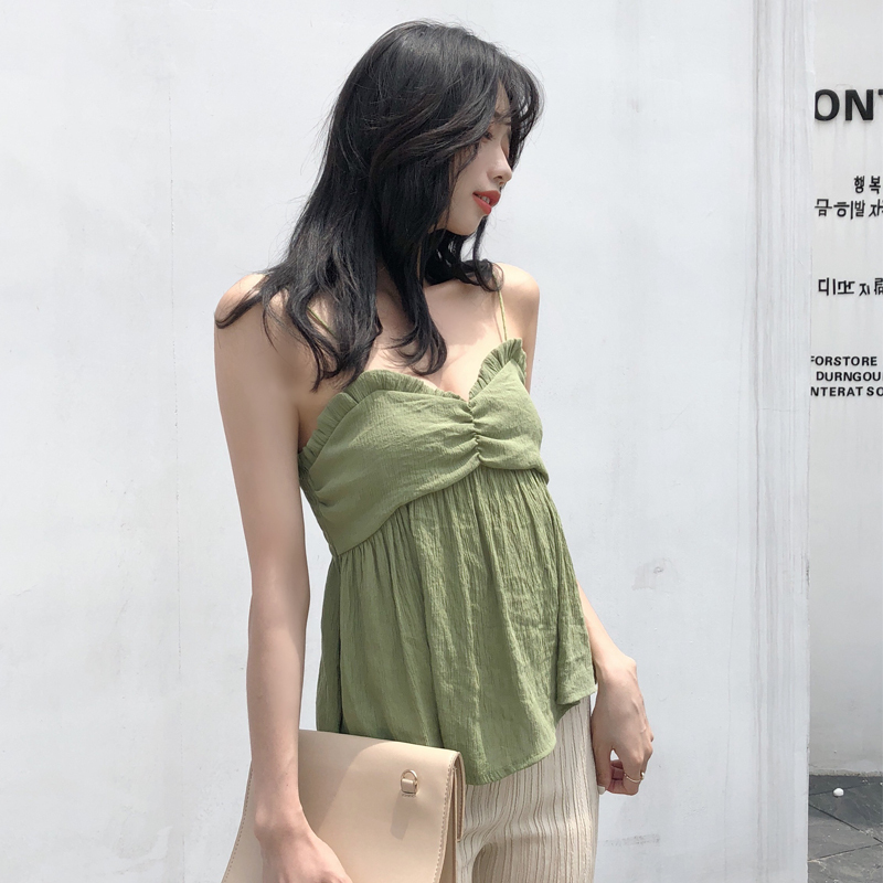 2018春夏新款韩版复古木耳花边V领性感显瘦小背心小带上衣女