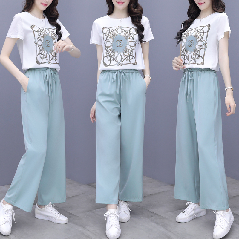 企妍雪纺套装女夏装新款气质女神范衣服洋气减龄休闲两件套阔腿裤