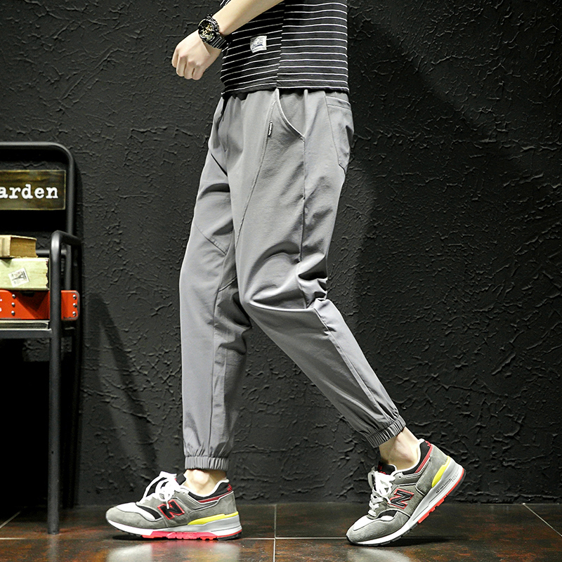 春夏纯色弹力松紧腰休闲裤男士加大码小脚哈伦裤收缩口紧腿束脚裤