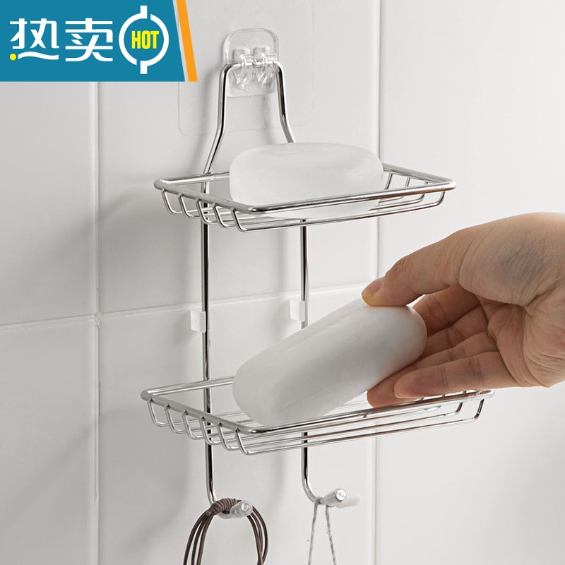 敬平双层不锈钢肥皂盒沥水卫生间香皂盒免打孔壁挂式创意置物架 [不锈钢普通款]1层高清大图