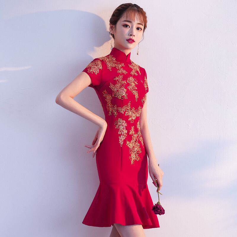 敬酒服新娘夏季2018新款短款小个子鱼尾中式结婚礼服裙红色旗袍女酒红色