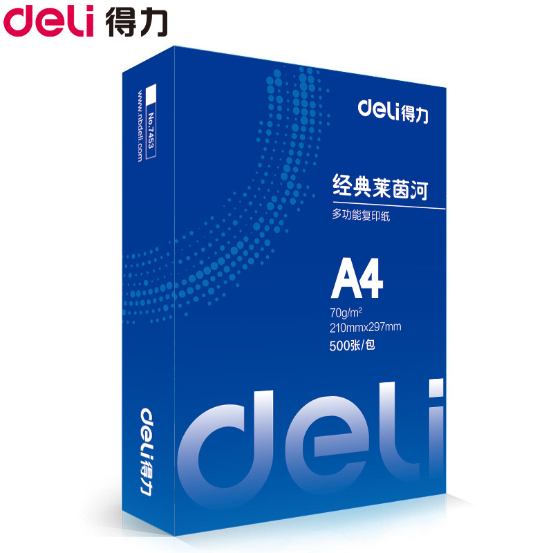 得力(deli)7453莱茵河A4/70g复印纸5包/箱 500张/包共2500张 电脑打印纸 白纸草稿纸 办公用纸
