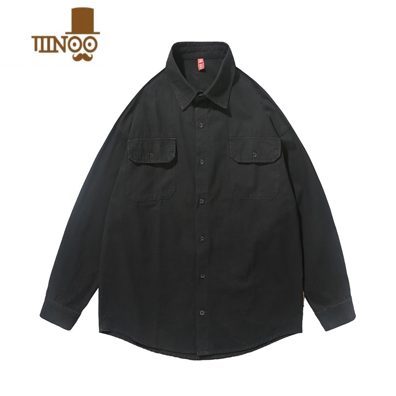 YANXU长袖衬衫男生潮牌宽松休闲工装纯色日系防晒外套韩版衬休外工高清大图