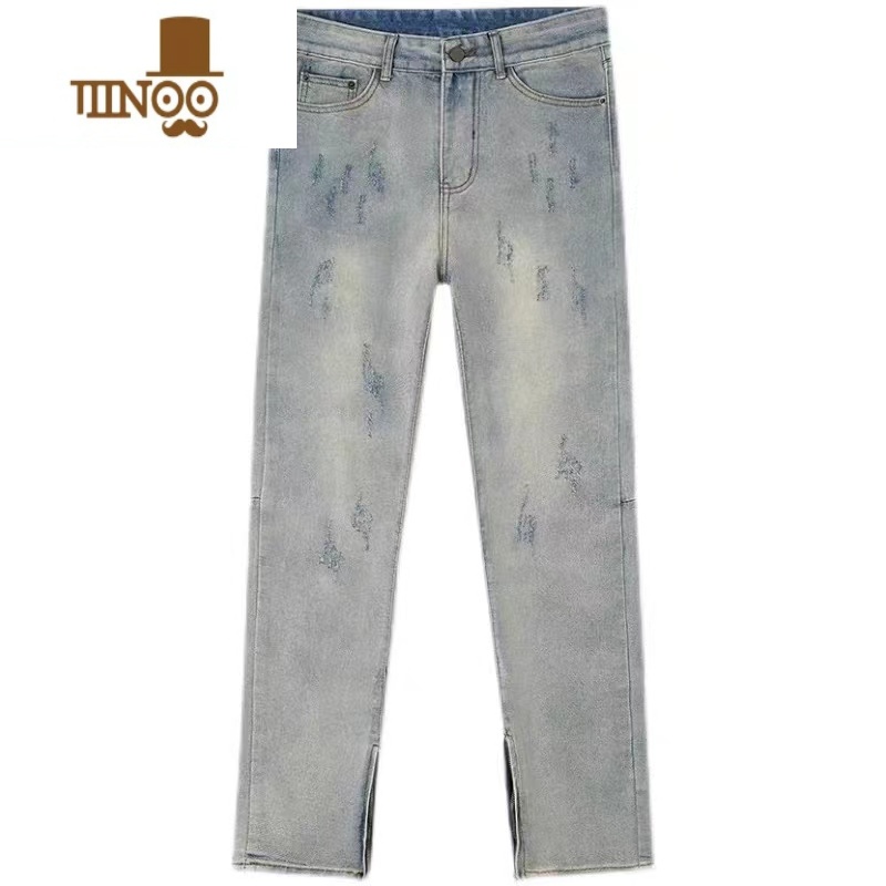 YANXU高街复古水洗浅色牛仔裤男潮牌修身显瘦小脚百搭拉链开衩长裤高清大图