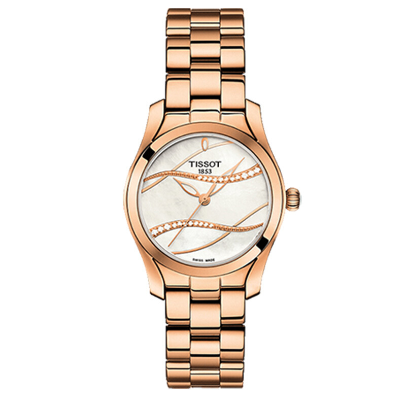 瑞士品牌天梭tissot手表女海浪系列时尚蝴蝶扣石英表女士腕表玫瑰金t