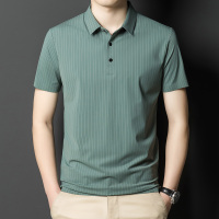 夏季翻领无痕短袖T恤男士竖条纹休闲polo衫男装潮流薄款冰丝半袖 170/M 绿色