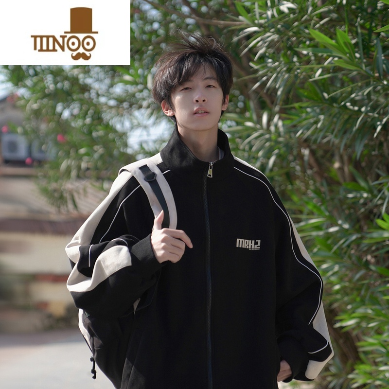 YANXU2023秋季新款男士夹克立领字母印花拼接外套休闲运动开衫潮牌上衣高清大图