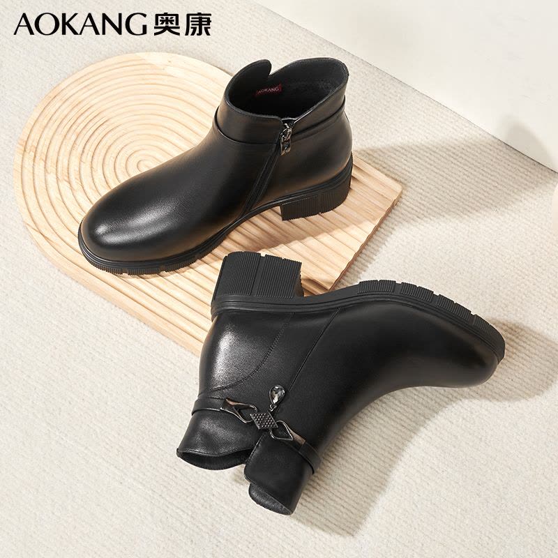 奥康女靴冬季加绒保暖休闲直筒靴牛皮高帮粗跟马丁靴女英伦复古短靴图片