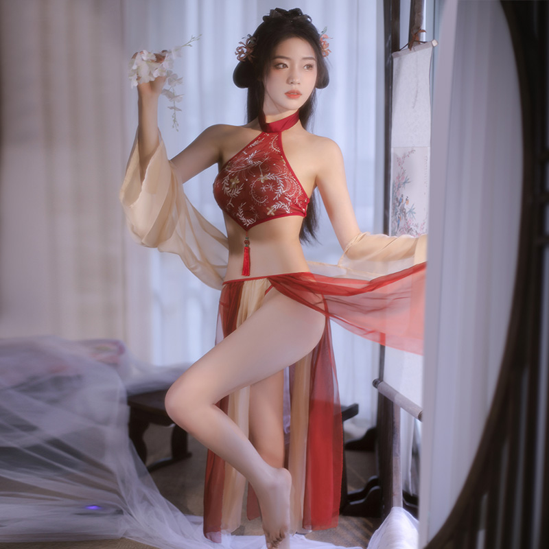 霏慕情趣内衣古风汉服绣花肚兜纱裙套装性感蕾丝网纱透视午夜魅力激情火辣血滴子制服诱惑开档露乳免脱女式情趣睡衣 红色【肚兜+套袖披帛+分片纱裙+T裤】 均码
