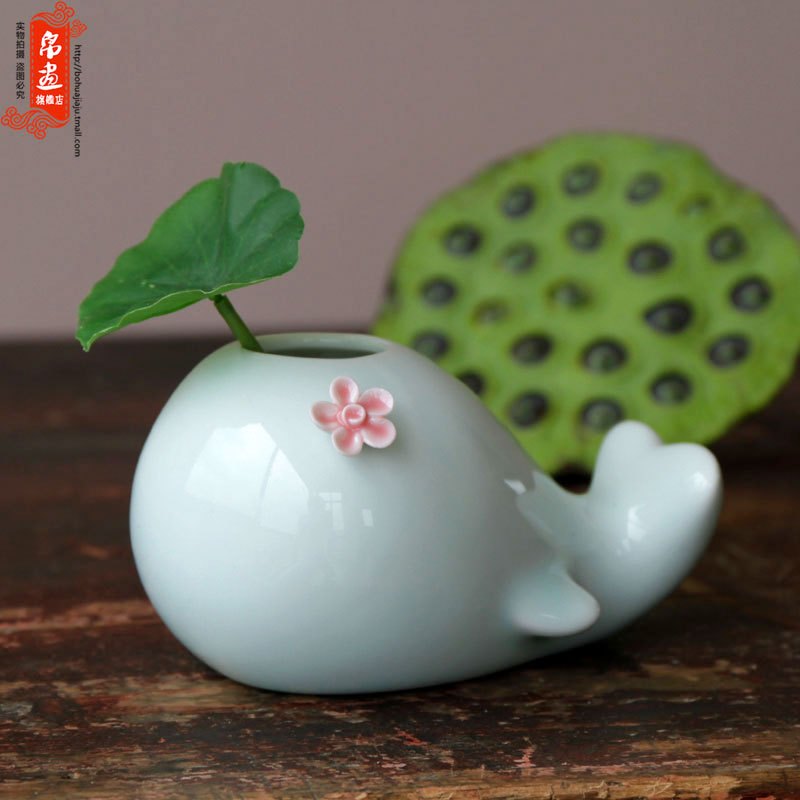 景德镇陶瓷创意花器海豚造型儿童家用多肉花盆禅意装饰插花摆件 三维工匠 粘花款+两支铜钱草