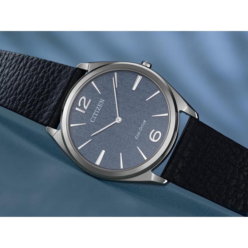 Citizen男士机械表经典设计蓝盘蓝皮带超薄防水EcoDrive驱动高清大图