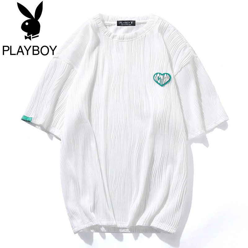 花花公子男装夏季潮牌爱心短袖T恤男韩版潮流宽松圆领五分半袖潮