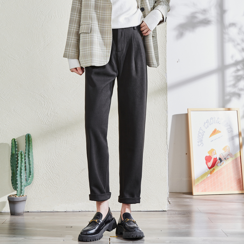 1件5折价1299元唐狮秋季新款休闲裤女毛呢哈伦裤宽松高腰显瘦萝卜裤