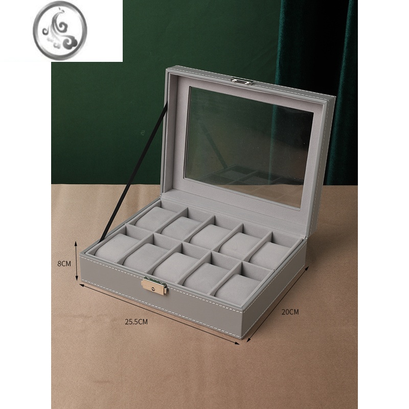 JiMi简约皮质带锁手表盒收纳盒名表收藏盒手表箱家用Watchbox 10位灰色带锁内灰长毛绒