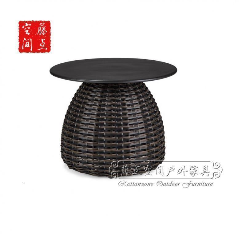 森美人中式户外藤编阳台小茶几样板房定制家具北欧简约边几圆台藤椅软装 55直径茶几黑色