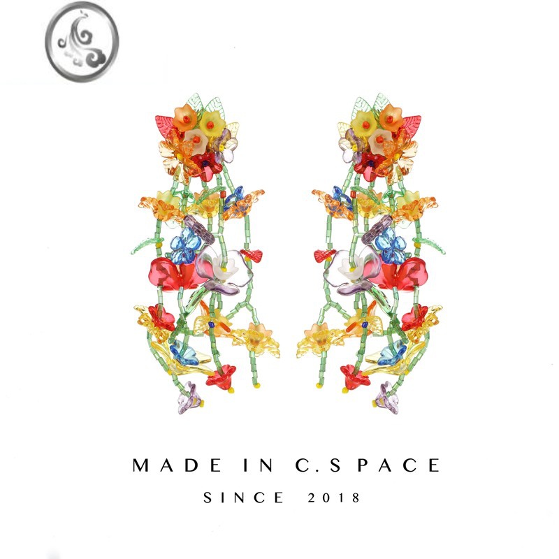 JiMi海上繁花夏季耳饰设计感耳环小众耳钉树脂夸张碎花花朵耳夹无耳洞