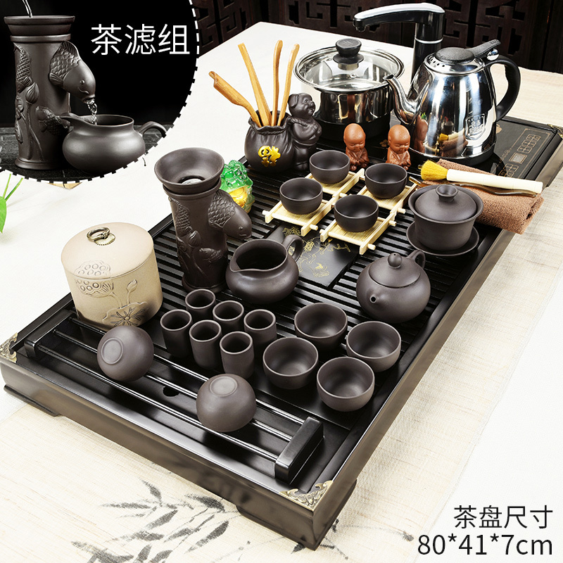 企购优品美阁紫砂功夫茶具套装家用简约陶瓷茶杯电热磁炉茶台茶道实木茶盘