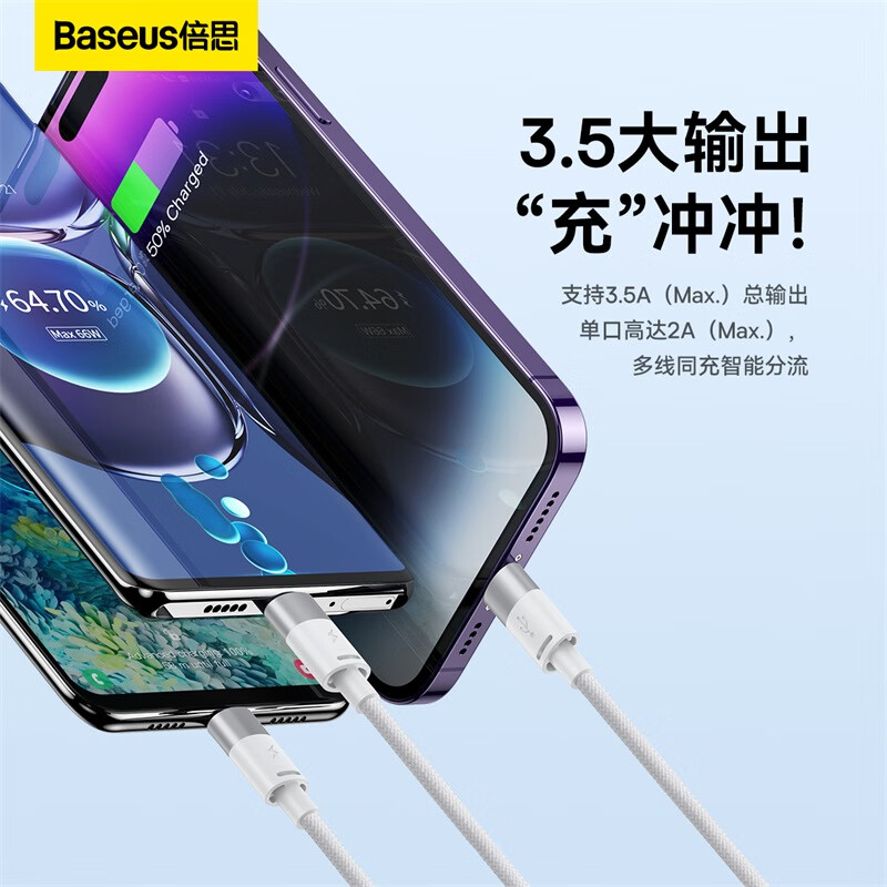 倍思 数据线三合一苹果Type-c安卓手机充电器线一拖三线 适用iPhone15/14/13小米华为p40车载电源线高清大图