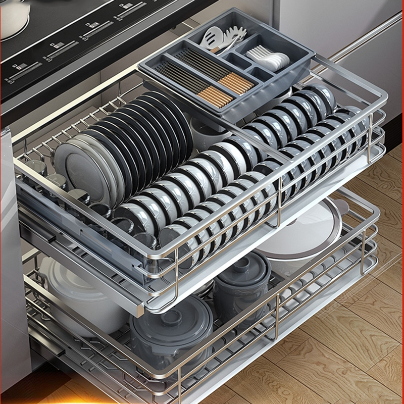 法耐拉篮厨房橱柜双层调味拉蓝304不锈钢碗柜轨道滑轨碗碟抽屉式碗篮