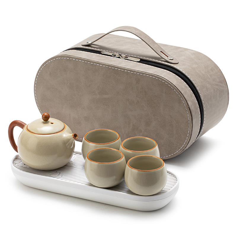 常生源旅行茶具套装 仿宋汝窑陶瓷旅行功夫茶具便携一壶四杯茶盘 米黄汝窑西施旅行茶具