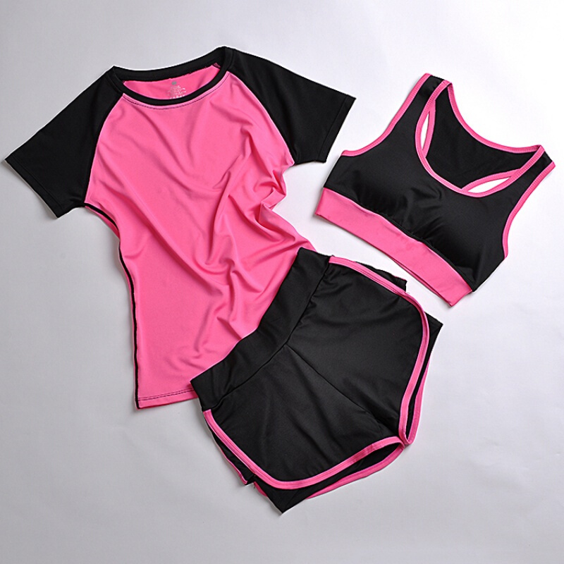 夏季运动套装女瑜伽服运动三件套跑步健身服速干运动短裤防震背心