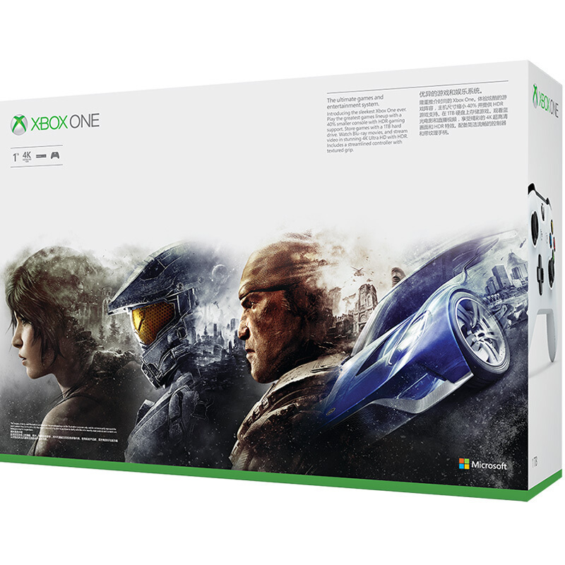 微软(Microsoft)Xbox One S 家庭娱乐游戏机 4k超清 1TB存储 双游戏白色款:明星高尔夫+决战喵星