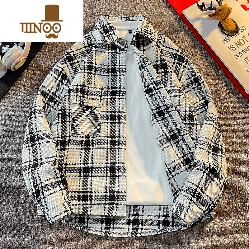 YANXU秋季港风复古格子外套男长袖韩版潮流宽松休闲百搭青少年衬衣外穿高清大图
