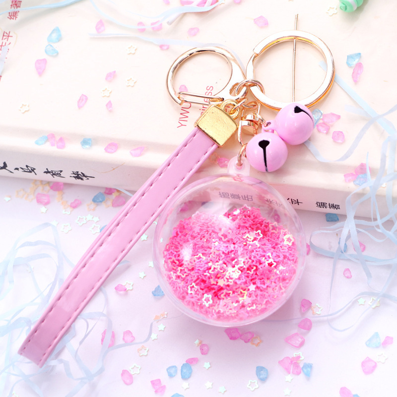 韩版糖果色星星水晶球创意卡通女士包绳铃铛钥匙扣饰品 七彩色星星皮绳水晶球