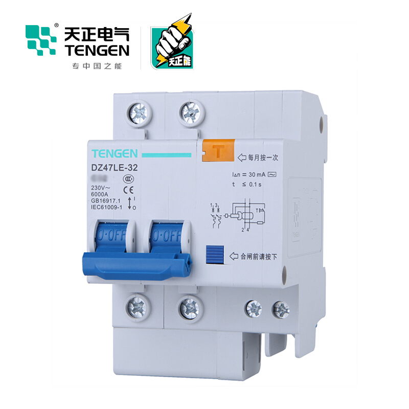天正电气 DZ47LE-32 2P 30mA 热磁式 230VAC 01070020391 微型漏电保护断路器