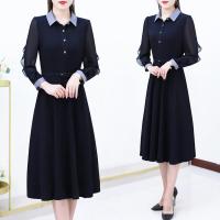 高端气质连衣裙女2021新款时尚拼色翻领收腰减龄遮肚子大码裙子潮[8月26日发完] 藏青色 M (85-105斤)