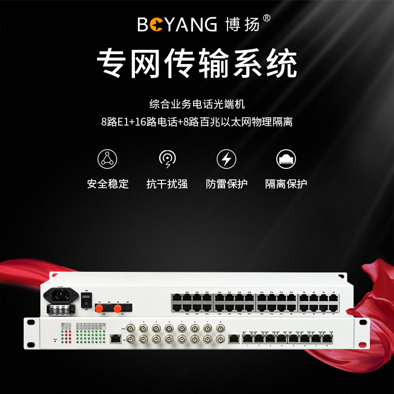 博扬 综合业务电话光端机 8路E1+16路电话+8路百兆以太网物理隔离 单纤20km 机架式 1对价