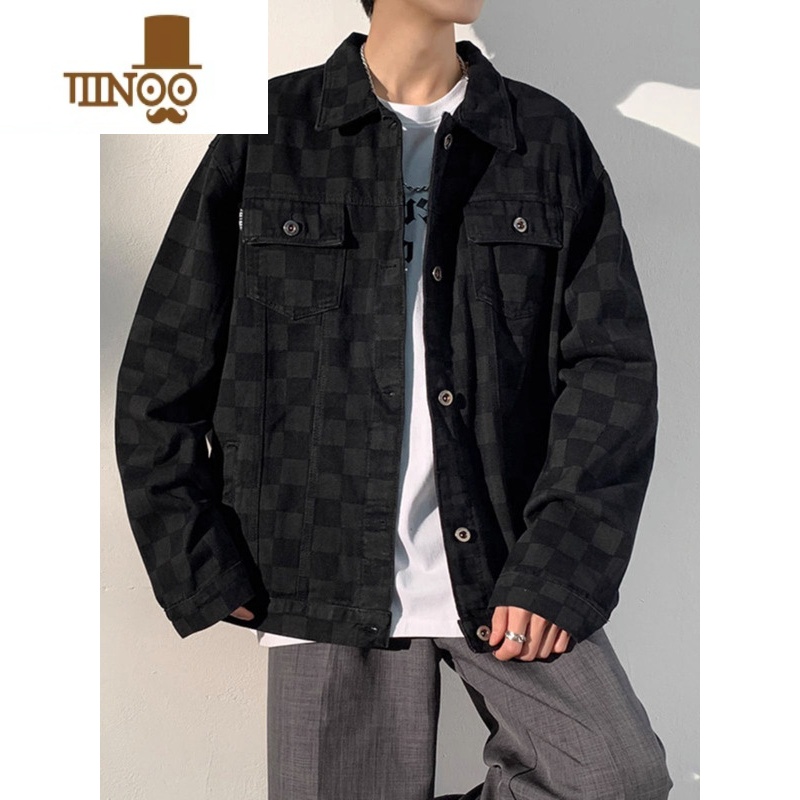 YANXU欧美高街牛仔外套男生秋季款潮牌ins美式工装百搭格子夹克上衣服高清大图