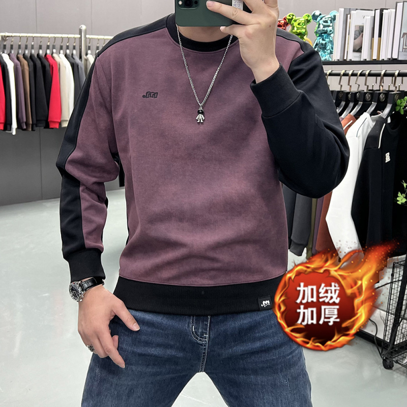 加绒保暖卫衣男士秋冬季潮牌青年打底上衣时尚拼接撞色内搭体恤衫