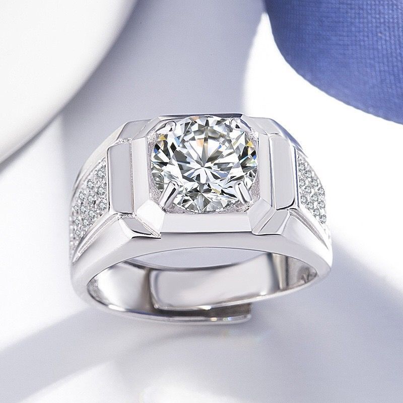 莫桑钻石戒指男潮炫酷霸气满钻3克拉钻戒镀白金男士开口活口戒指3克拉