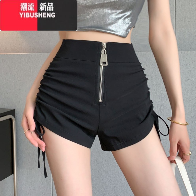 YIBUSHENG白色性感辣妹短热裤女设计感拉链直筒短裤高腰抽绳修身休闲抽 XL 黑色