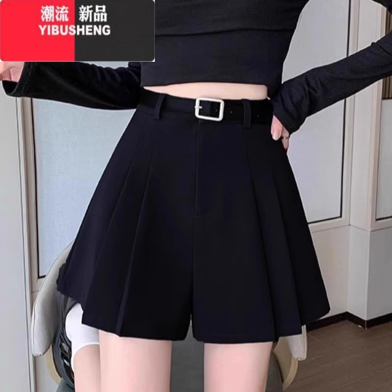 YIBUSHENG灰色雪纺西装短裤女天薄款百褶裙裤高腰a字显瘦宽松阔腿休闲裤