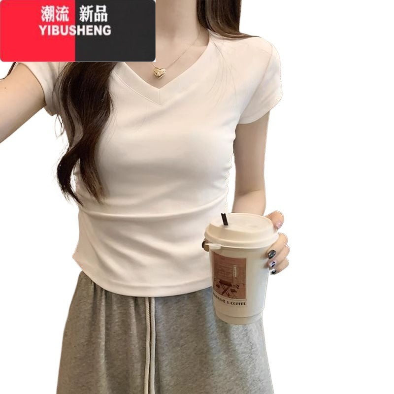 YIBUSHENG正肩短袖女t恤2024新款季修身显瘦不规则设计短款辣妹上衣高清大图