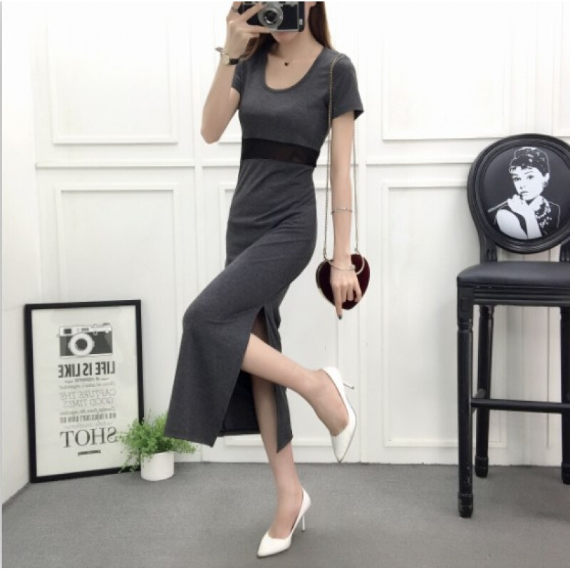 网纱拼接连衣裙女夏季莫代尔露腰长裙短袖圆领显瘦开叉连衣裙