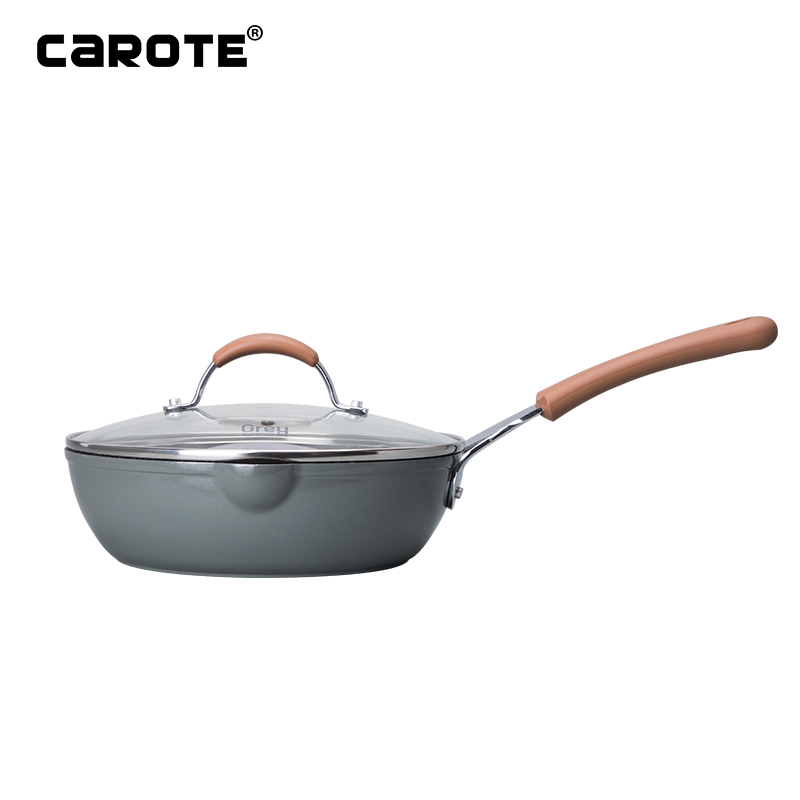 Carote麦饭石色炒锅不沾锅家用锅具炒菜锅电磁炉锅平底锅煎炒锅带盖24cm