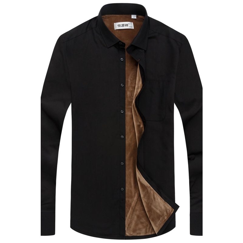 恒源祥加绒保暖衬衫男长袖商务休闲纯黑色中年男士加厚保暖衬衣冬