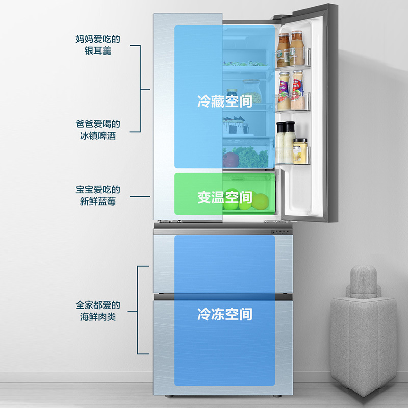 海尔(Haier)332升多门冰箱 彩晶面板母婴空间 一级能效 阻氧干湿分储 家用电冰箱 BCD-332WFCL