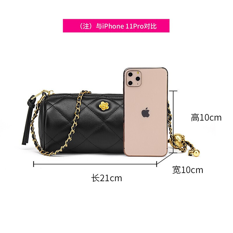 马克华菲牛皮包包女包时尚菱格单肩斜挎包新潮百搭圆筒小金球链条包