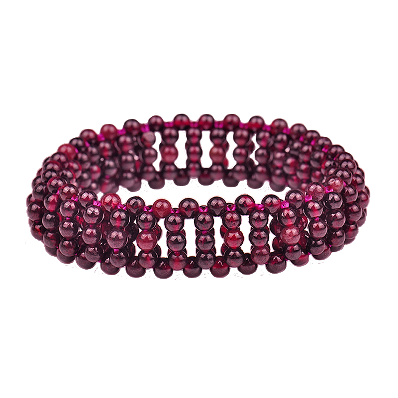 梦克拉 酒红石榴石手链多层圆珠手排手镯手工编织石榴石手链 风韵 酒红色